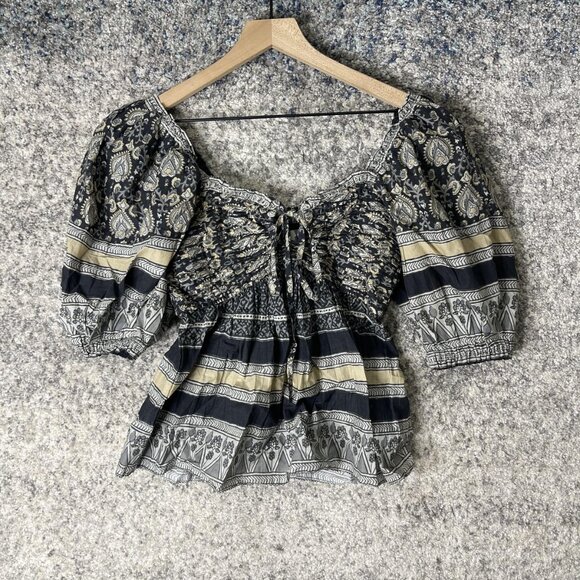 Sea New York Shirt Womens XS Black Gray Boho Smocked Puff Sleeve Peasant Peplum - Picture 1 of 7
